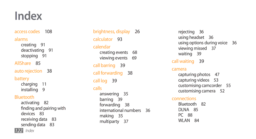 Samsung GT-I5800 user manual Index, Using options during voice 36 viewing missed 37 waiting , Bluetooth DLNA PC WLAN  